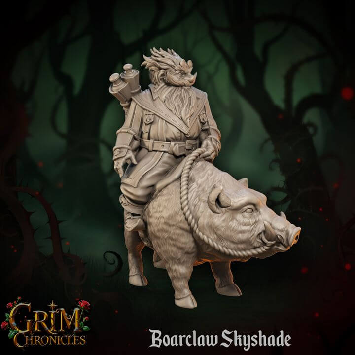 Boarclaw Skyshade Grim Chronicles figurine in a mystical forest setting, featuring a detailed sculpt of a boar rider.