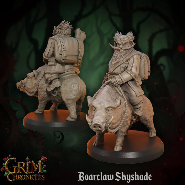 Figure of Boarclaw Skyshade Grim Chronicles depicting a rider on a boar with intricate details, part of the Grim Chronicles series.