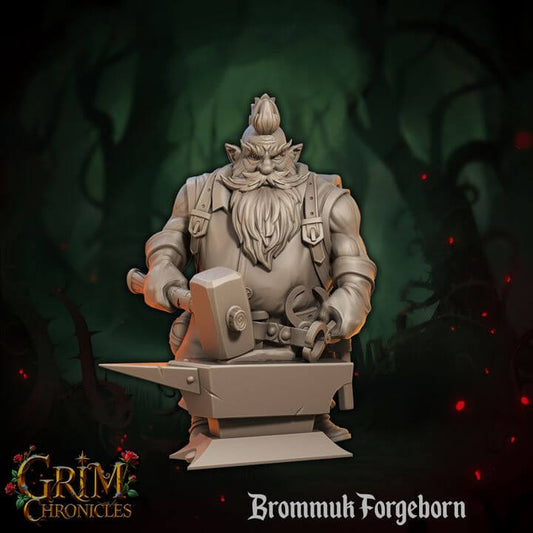 Brommuk Forgeborn Grim Chronicles figure with anvil, a powerful sculpt in a dark, mystical forest setting.