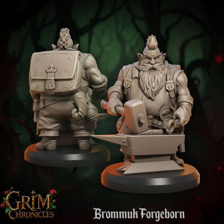 Brommuk Forgeborn Grim Chronicles figurines, depicting a dwarf character with an anvil in a fantasy setting.