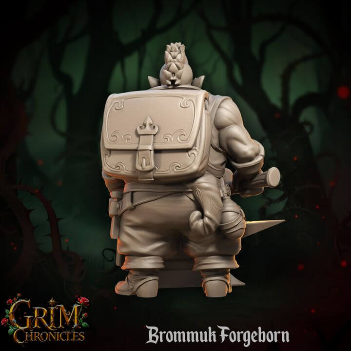 Brommuk Forgeborn Grim Chronicles statue of a muscular figure with backpack in a fantasy forest.