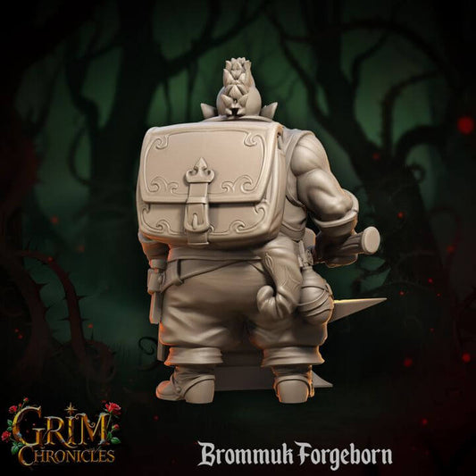 Brommuk Forgeborn Grim Chronicles statue of a muscular figure with backpack in a fantasy forest.