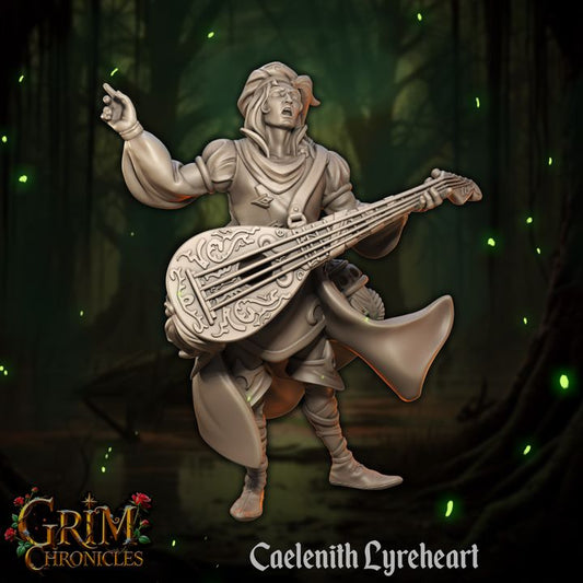 Statue of Caelenith Lyreheart Grim Chronicles character in a mystical forest.