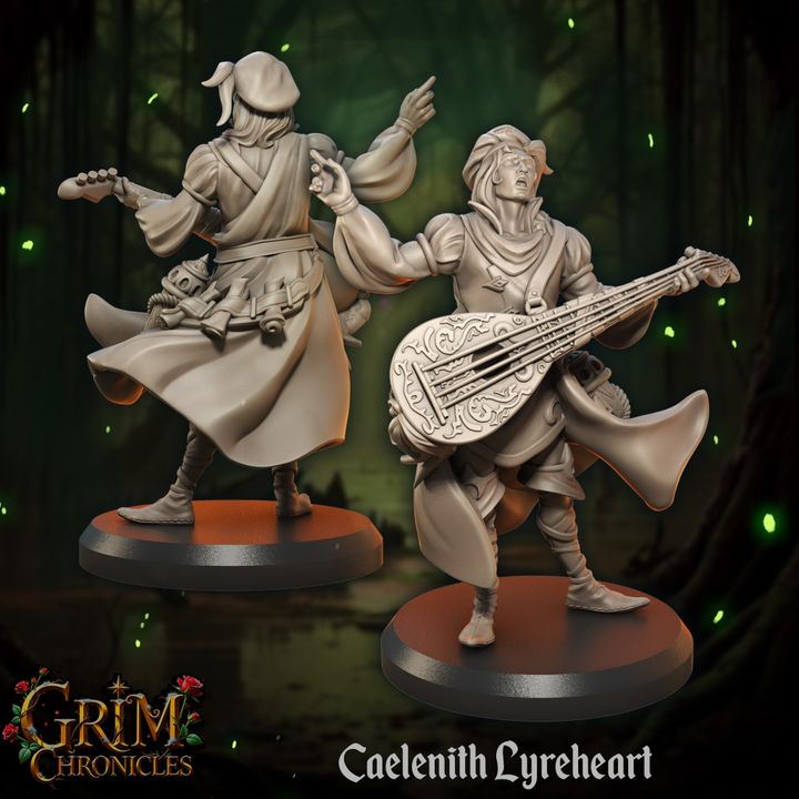 3D printed resin miniature of Caelenith Lyreheart Grim Chronicles, depicting a bard with an enchanted lyre in a dark fantasy setting.