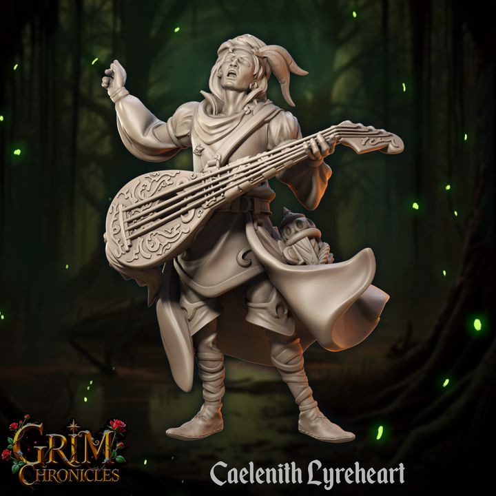 Caelenith Lyreheart Grim Chronicles miniature sculpture with lute in enchanted forest setting for RPG games and collectors.