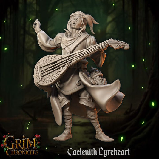 Caelenith Lyreheart Grim Chronicles miniature sculpture with lute in enchanted forest setting for RPG games and collectors.