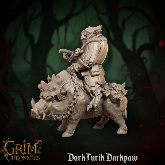 Dark Turik Darkpaw figurine from Dark Boarclaw Skyshade Grim Chronicles collection, featuring a warrior on a boar in a mystical forest.