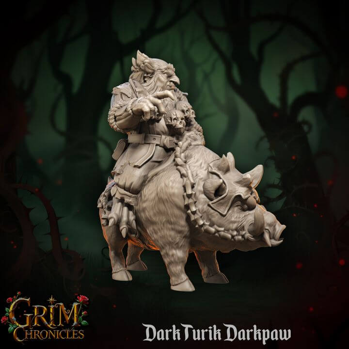 Dark Boarclaw Skyshade Grim Chronicles - Dark Turik Darkpaw figurine in a mystical forest scene.