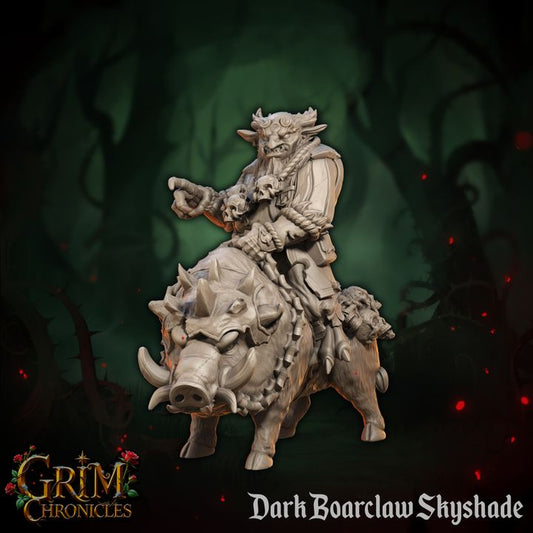 Dark Boarclaw Skyshade Grim Chronicles figurine on boar in misty forest setting