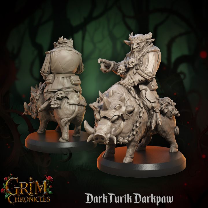 Dark Boarclaw Skyshade Grim Chronicles character figurine riding a boar from the fantasy collection, detailed miniature model