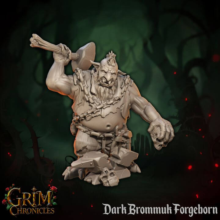 3D printed Dark Brommuk Forgeborn Grim Chronicles resin miniature from Border3D set against dark fantasy background