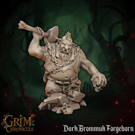 3D printed Dark Brommuk Forgeborn Grim Chronicles resin miniature from Border3D set against dark fantasy background