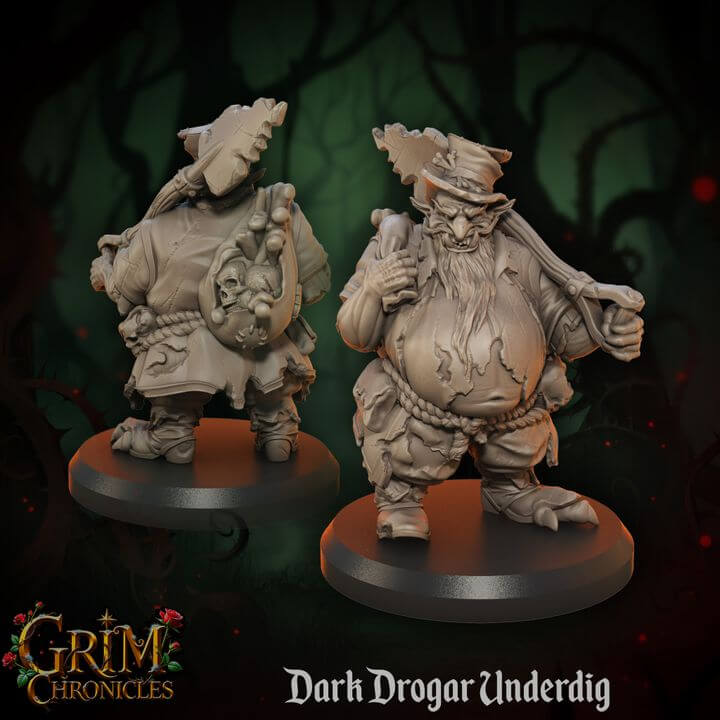 Dark Drogar Underdig Grim Chronicles resin miniature by Border3D, showcasing a rogue dwarven figure from a dark fantasy saga.