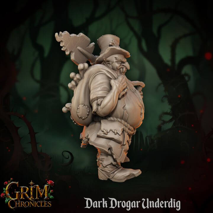 Sculpture of Dark Drogar Underdig Grim Chronicles in a mystical forest background