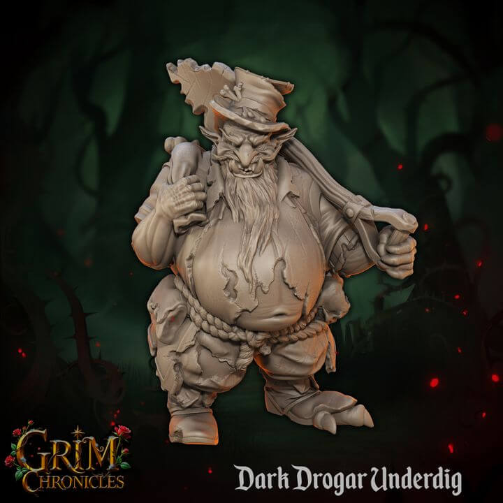 Dark Drogar Underdig Grim Chronicles 3D figurine in a mysterious forest setting.