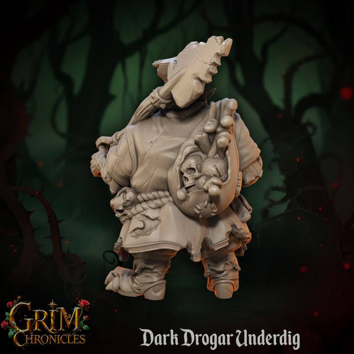 Dark Drogar Underdig Grim Chronicles miniature figurine with skull detail and intricate design in a dark forest background.