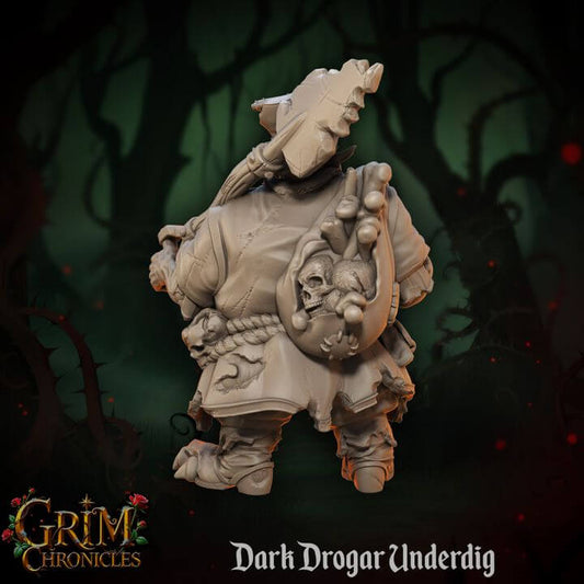 Dark Drogar Underdig Grim Chronicles miniature figurine with skull detail and intricate design in a dark forest background.