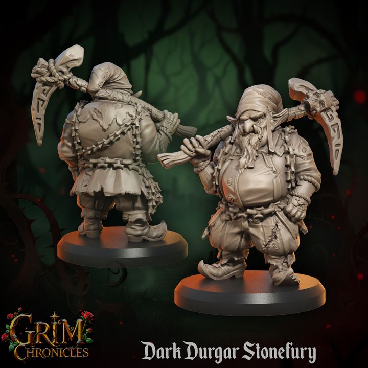 Dark Durgar Stonefury Grim Chronicles miniature figurine with detailed design in forest setting.