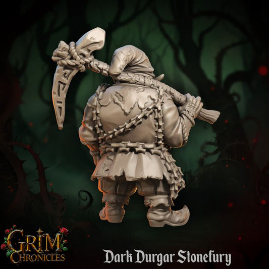 Dark Durgar Stonefury Grim Chronicles collectible figurine in a mysterious forest setting.