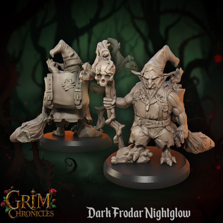 Dark Frodar Nightglow Grim Chronicles figurine set with mystical night scene background.