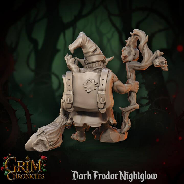 Dark Frodar Nightglow Grim Chronicles character with magical staff, standing in eerie forest setting, part of the Grim Chronicles series.
