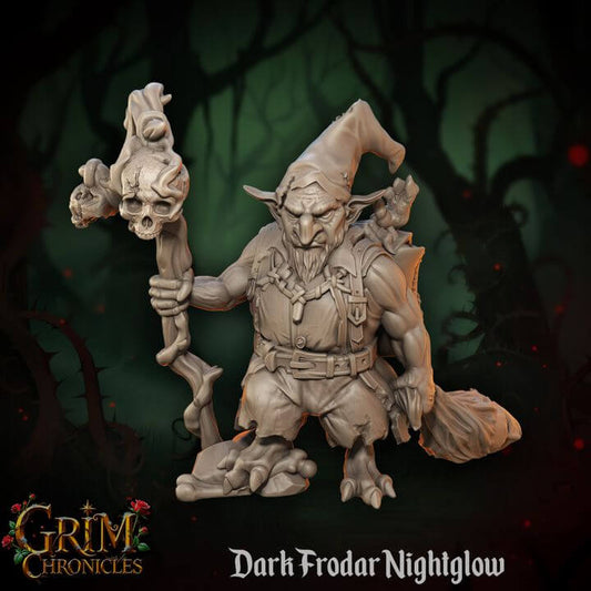 Dark Frodar Nightglow Grim Chronicles figurine with staff and forest background