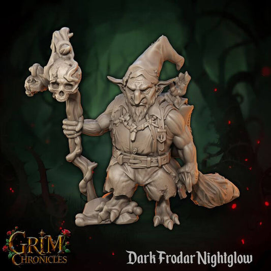 Dark Frodar Nightglow Grim Chronicles fantasy figure with staff and hat in eerie forest setting.