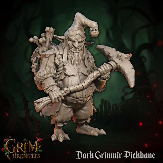 Dark Grimnir Pickbane Grim Chronicles collectible figurine on a forest backdrop