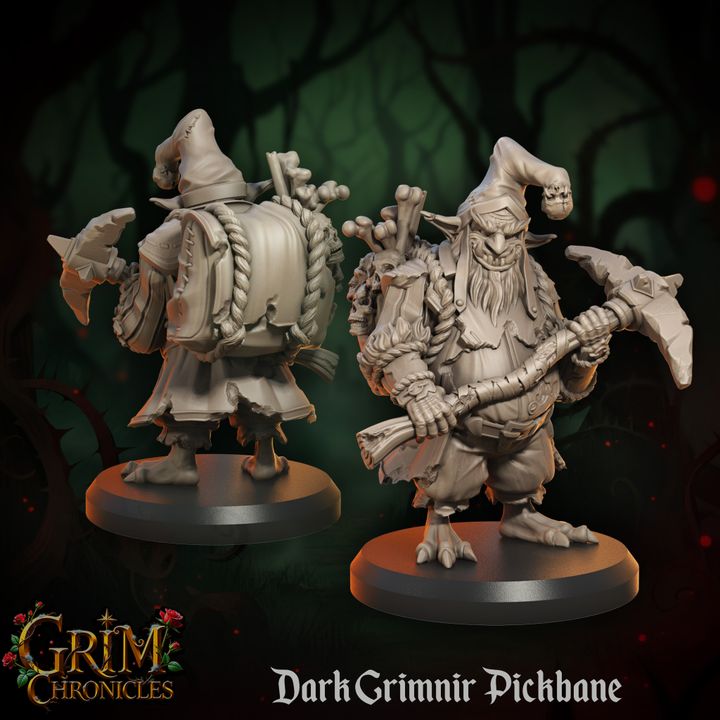 Dark Grimnir Pickbane Grim Chronicles figurine in forest setting, showcasing detailed design and craftsmanship.