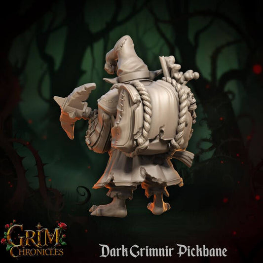 Dark Grimnir Pickbane Grim Chronicles figurine in a mystical forest setting.