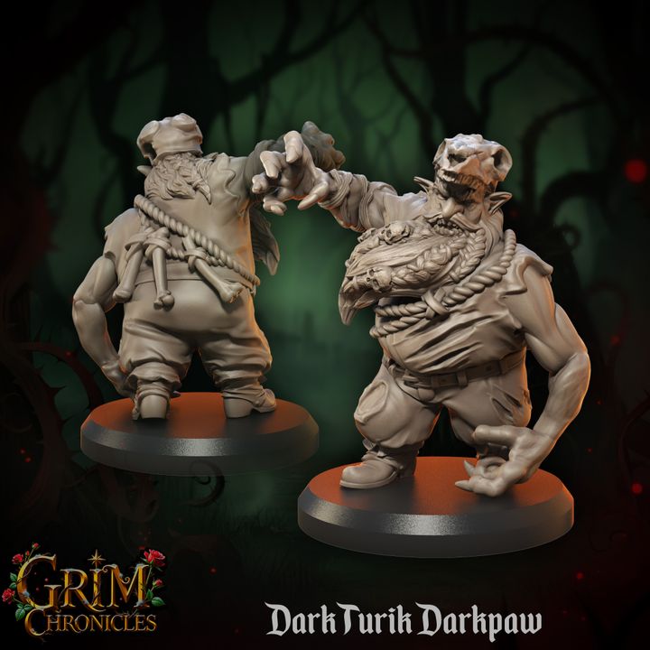 3D printed Dark Turik Darkpaw Grim Chronicles resin miniature from Great Grimoire's dark fantasy saga, made by Border3D.