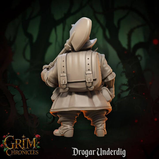 Drogar Underdig Grim Chronicles resin miniature by Border3D, dark forest background, 3D printed fantasy figure.