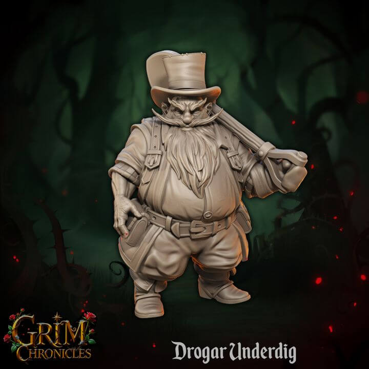Drogar Underdig Grim Chronicles resin miniature by Border3D LLC, 3D printed figure in dark fantasy theme.