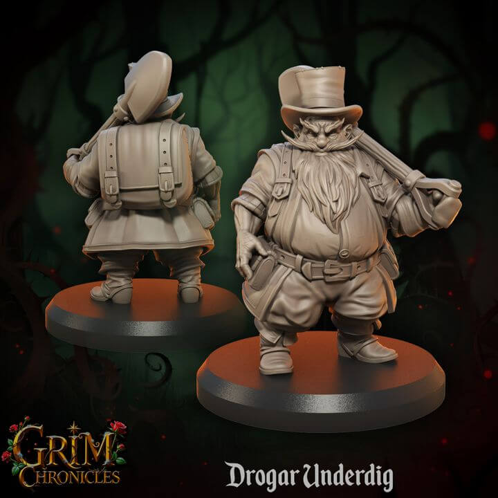 Drogar Underdig Grim Chronicles dwarven rogue premium resin miniature by Border3D LLC.