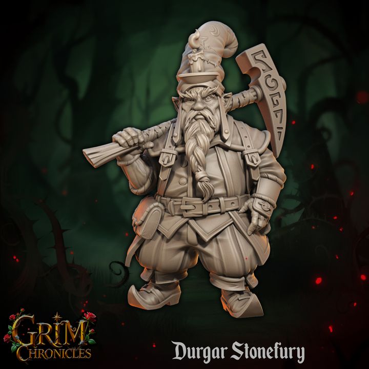 Durgar Stonefury Grim Chronicles resin miniature by Border3D, depicting a fierce dwarven warrior with a stone-shattering hammer.
