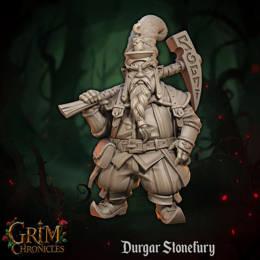 Durgar Stonefury Grim Chronicles resin miniature by Border3D, depicting a fierce dwarven warrior with a stone-shattering hammer.