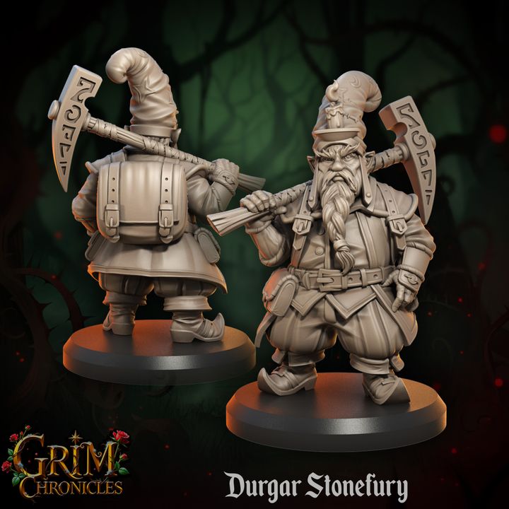 Durgar Stonefury Grim Chronicles resin miniature by Border3D LLC, showcasing a dwarven berserker with a stone-shattering hammer.