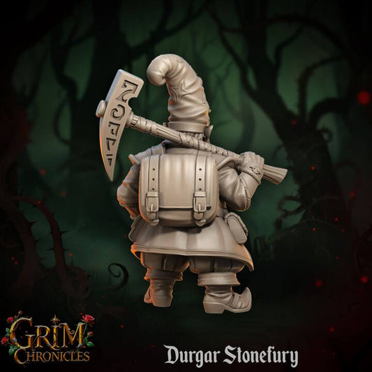 3D printed Durgar Stonefury Grim Chronicles miniature with axe, dark fantasy setting, by Border3D LLC