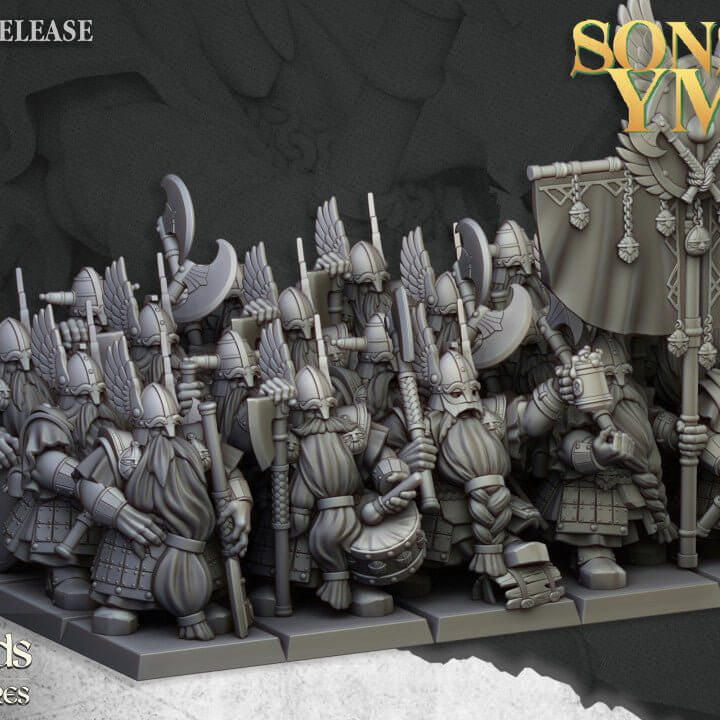 "Highlands Miniatures Dwarf Veterans Unit battle-hardened warriors side angle Border3D LLC"