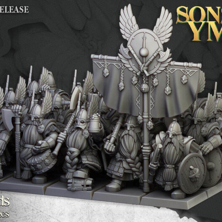 "Highlands Miniatures Dwarf Veterans Unit 32mm resin miniatures front view Border3D LLC"