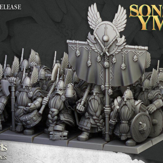 "Highlands Miniatures Dwarf Veterans Unit 32mm resin miniatures front view Border3D LLC"