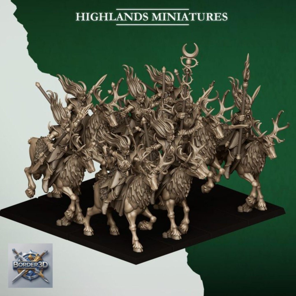 Elf Deer Cavalry | 32mm Resin Moonlight Sisters Stag Riders | 3D Printed Unpainted Highlands Miniatures - Border3d