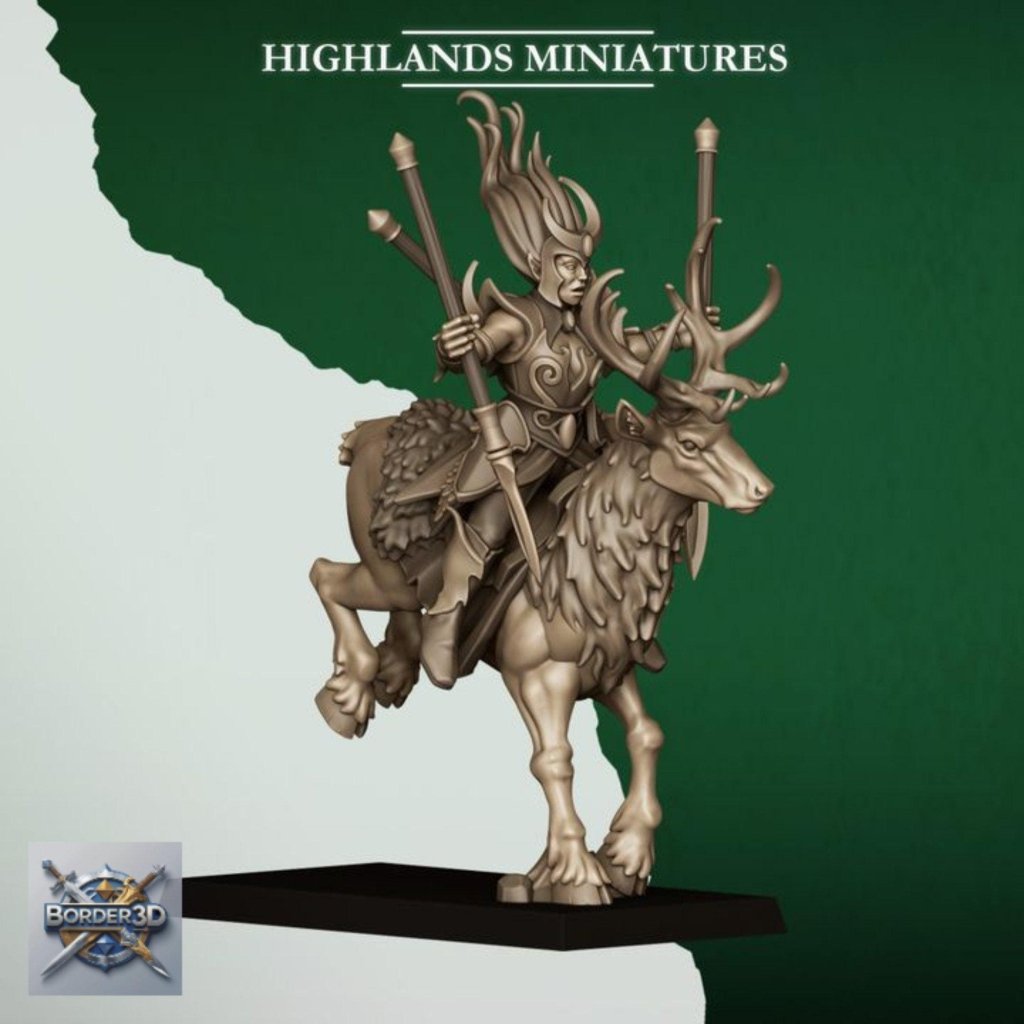 Elf Deer Cavalry | 32mm Resin Moonlight Sisters Stag Riders | 3D Printed Unpainted Highlands Miniatures - Border3d