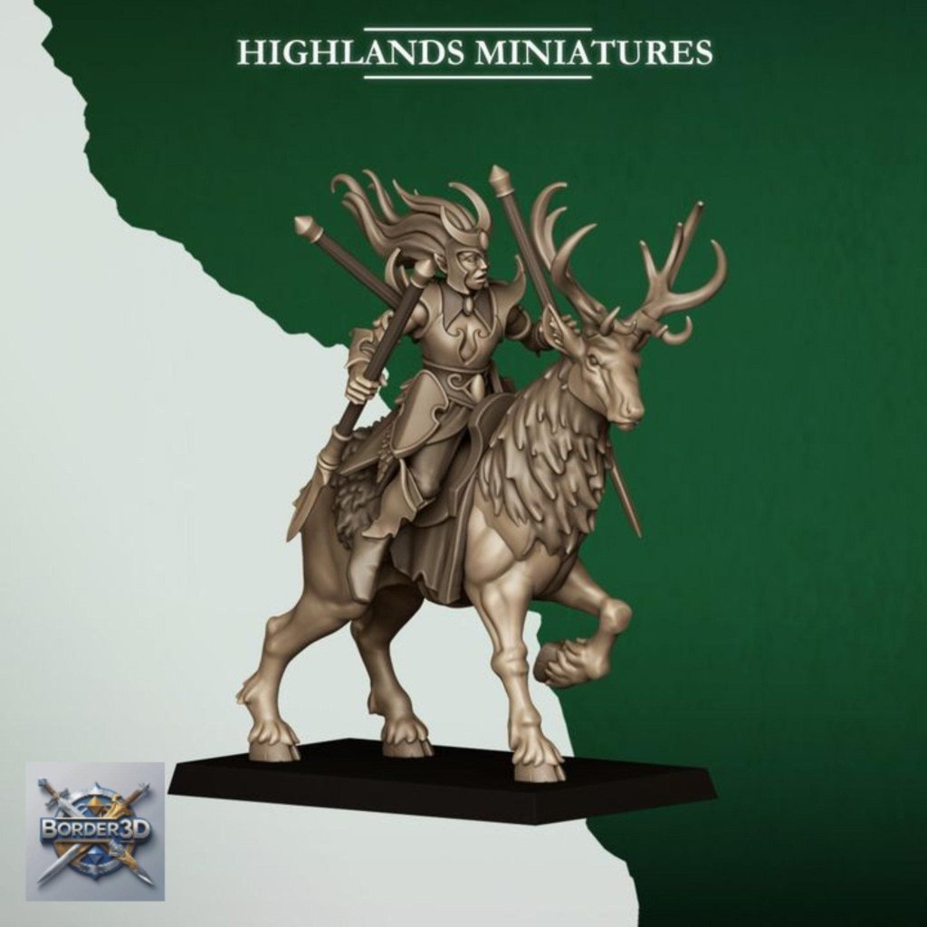 Elf Deer Cavalry | 32mm Resin Moonlight Sisters Stag Riders | 3D Printed Unpainted Highlands Miniatures - Border3d