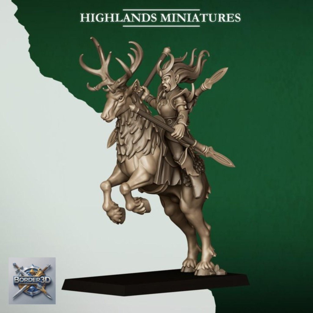 Elf Deer Cavalry | 32mm Resin Moonlight Sisters Stag Riders | 3D Printed Unpainted Highlands Miniatures - Border3d