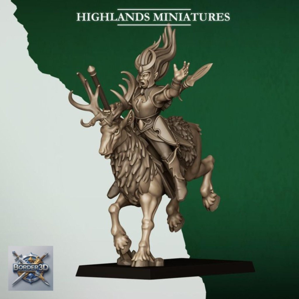 Elf Deer Cavalry | 32mm Resin Moonlight Sisters Stag Riders | 3D Printed Unpainted Highlands Miniatures - Border3d
