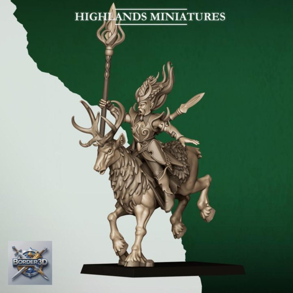 Elf Deer Cavalry | 32mm Resin Moonlight Sisters Stag Riders | 3D Printed Unpainted Highlands Miniatures - Border3d