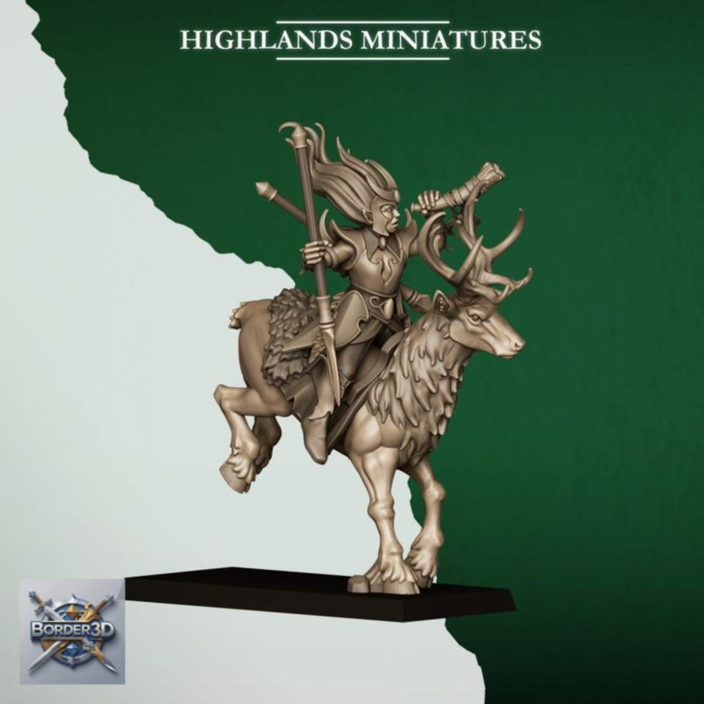 Elf Deer Cavalry | 32mm Resin Moonlight Sisters Stag Riders | 3D Printed Unpainted Highlands Miniatures - Border3d