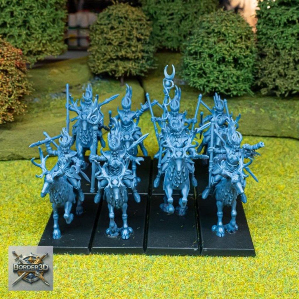 Elf Deer Cavalry | 32mm Resin Moonlight Sisters Stag Riders | 3D Printed Unpainted Highlands Miniatures - Border3d