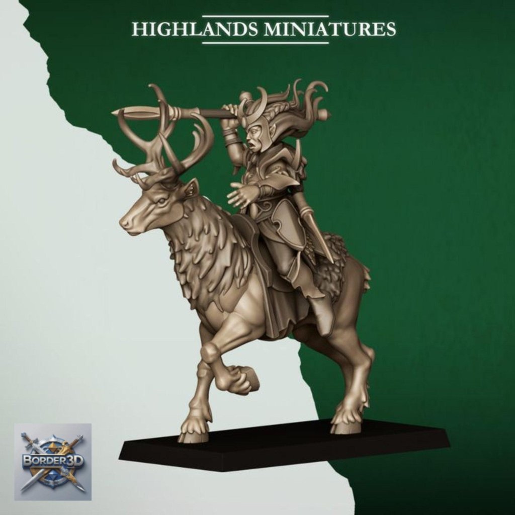 Elf Deer Cavalry | 32mm Resin Moonlight Sisters Stag Riders | 3D Printed Unpainted Highlands Miniatures - Border3d